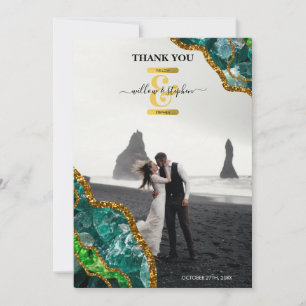 Emerald Green & Gold Agate Geode Glitter Monogram Bedankkaart