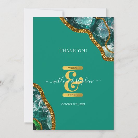 Emerald Green & Gold Agate Geode Glitter Monogram Bedankkaart (Voorkant)