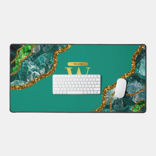 Emerald Green & Gold Agate Geode Glitter Monogram Bureaumat (Keyboard & Muis)