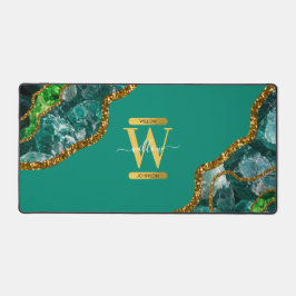 Emerald Green & Gold Agate Geode Glitter Monogram Bureaumat