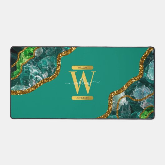 Emerald Green & Gold Agate Geode Glitter Monogram Bureaumat (Voorkant)