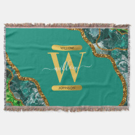 Emerald Green & Gold Agate Geode Glitter Monogram Deken