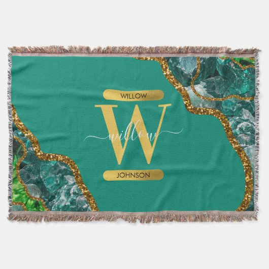 Emerald Green & Gold Agate Geode Glitter Monogram Deken (Voorkant)