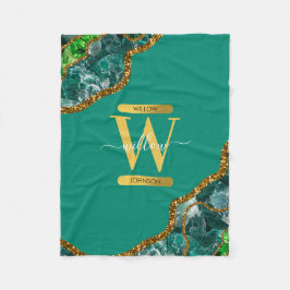 Emerald Green & Gold Agate Geode Glitter Monogram Fleece Deken