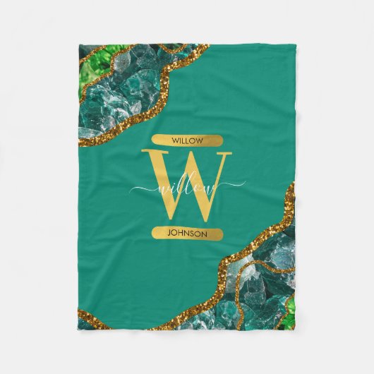 Emerald Green & Gold Agate Geode Glitter Monogram Fleece Deken (Voorkant)