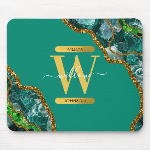 Emerald Green & Gold Agate Geode Glitter Monogram Muismat