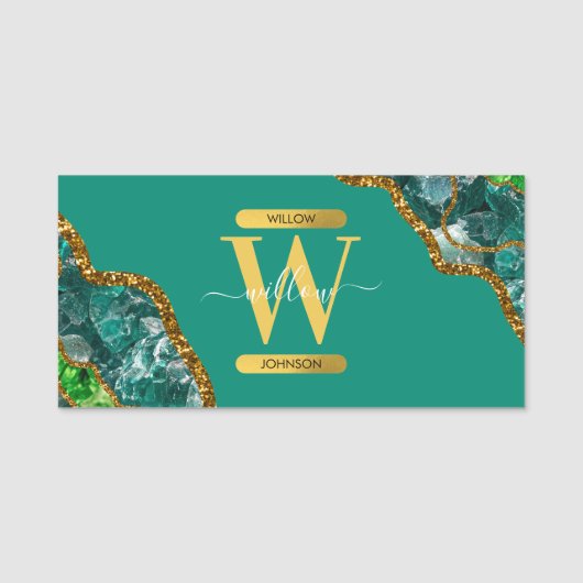Emerald Green & Gold Agate Geode Glitter Monogram Naamplaatje (Voorkant)