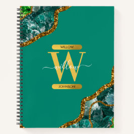 Emerald Green & Gold Agate Geode Glitter Monogram Notitieboek