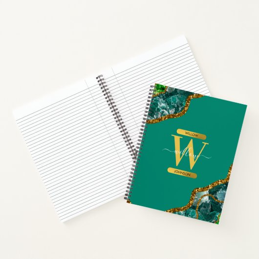 Emerald Green & Gold Agate Geode Glitter Monogram Notitieboek (Binnen)