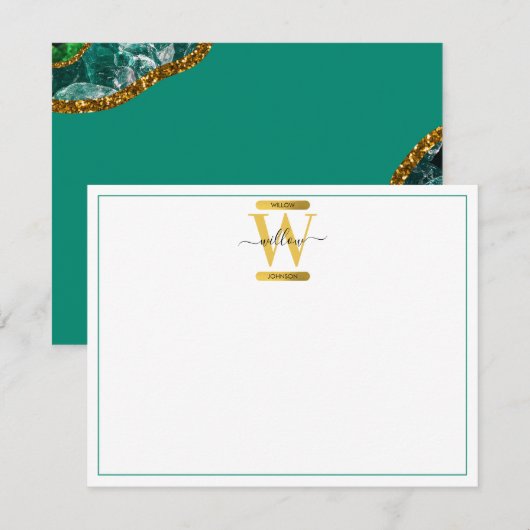Emerald Green & Gold Agate Geode Glitter Monogram Notitiekaartje (Voorkant / Achterkant)
