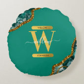 Emerald Green & Gold Agate Geode Glitter Monogram Rond Kussen (Voorkant)