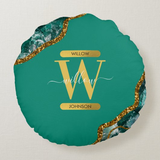 Emerald Green & Gold Agate Geode Glitter Monogram Rond Kussen (Achterkant)