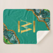 Emerald Green & Gold Agate Geode Glitter Monogram Sherpa Deken (Voorkant (horizontaal))