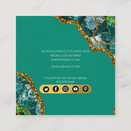 Emerald Green & Gold Agate Geode Glitter Monogram Vierkante Visitekaartje (Achterkant)