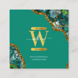 Emerald Green & Gold Agate Geode Glitter Monogram Vierkante Visitekaartje