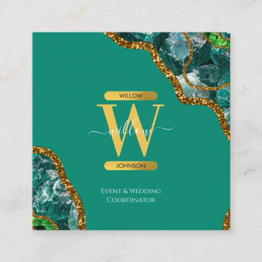 Emerald Green & Gold Agate Geode Glitter Monogram Vierkante Visitekaartje (Voorkant)