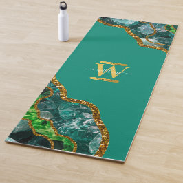 Emerald Green & Gold Agate Geode Glitter Monogram Yogamat