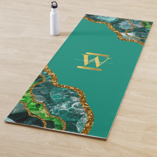 Emerald Green & Gold Agate Geode Glitter Monogram Yogamat (In situ)