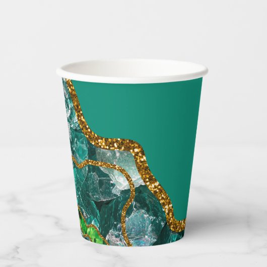 Emerald Green & Gold Agate Geode Glitter Papieren Bekers (Voorkant)