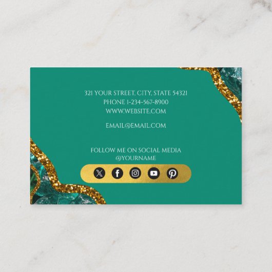 Emerald Green & Gold Agate Geode Glitter Visitekaartje (Achterkant)