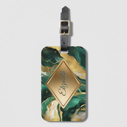 Emerald Green Gold Agate Marble Glam Luxury Bagagelabel (Voorkant (verticaal))