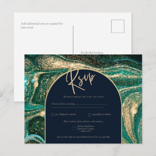 Emerald Green Gold Agate Marble Wedding RSVP Briefkaart (Voorkant / Achterkant)