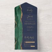 Emerald Green Gold Agate Navy Blue Wedding All In One Uitnodiging (Binnen)
