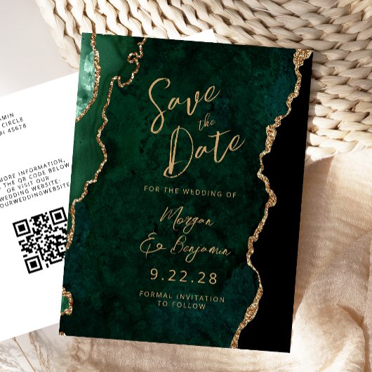 Emerald Green Gold Agate QR-code Save the Date Aankondigingskaart