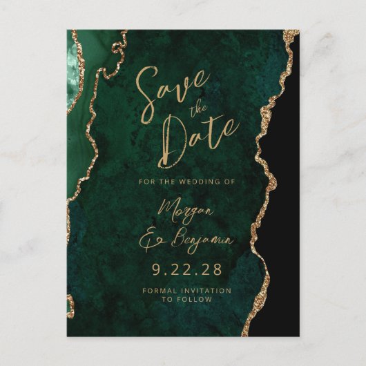 Emerald Green Gold Agate QR-code Save the Date Aankondigingskaart (Voorkant)
