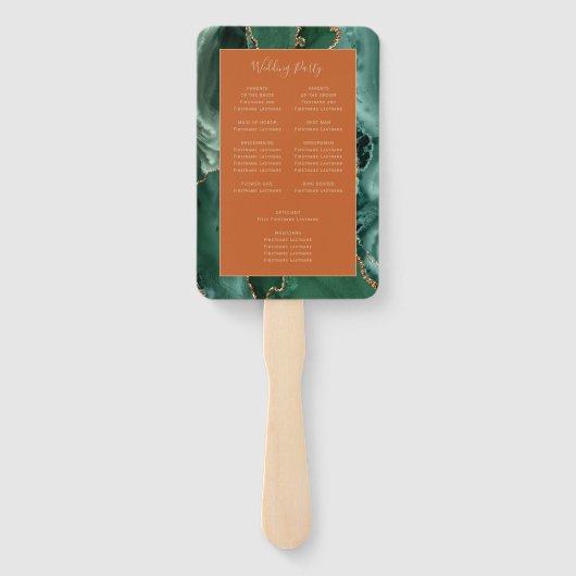 Emerald Green Gold Agate Rust Wedding Program Handwaaier (Achterkant)