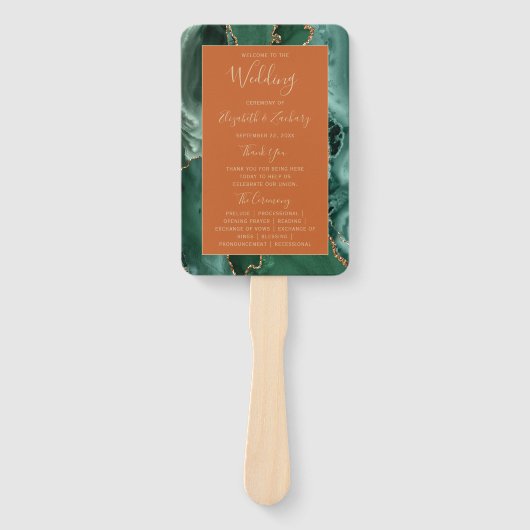 Emerald Green Gold Agate Rust Wedding Program Handwaaier (Voorkant)