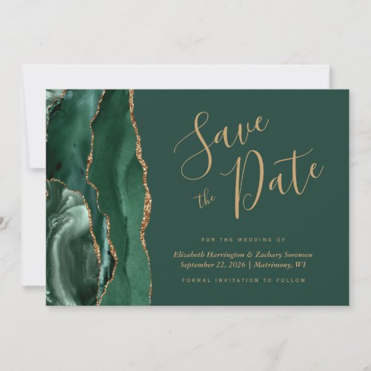 Emerald Green Gold Agate Save the Date Kaart (Voorkant)