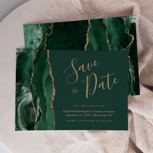 Emerald Green Gold Agate Save the Date Kaart