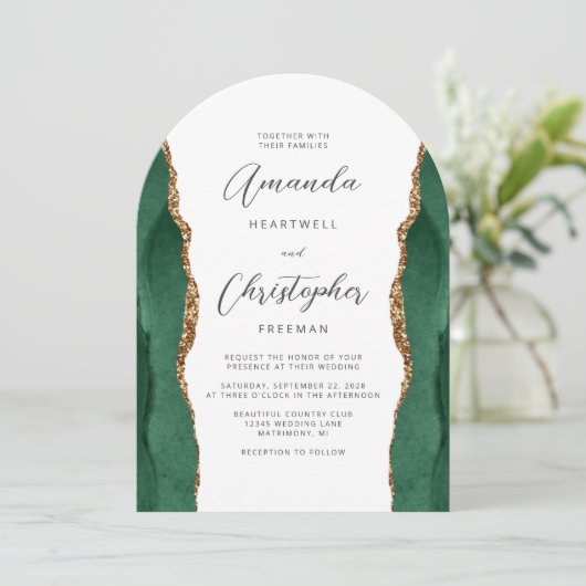 Emerald Green Gold Agate Script Arch Wedding Kaart (Staand voorkant)