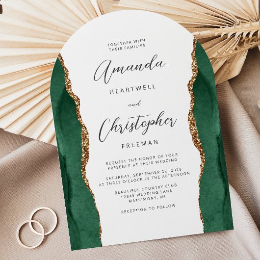 Emerald Green Gold Agate Script Arch Wedding Kaart