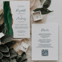 Emerald Green Gold Agate Script QR Code Wedding