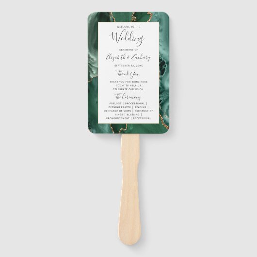 Emerald Green Gold Agate Wedding Programme Handwaaier (Voorkant)