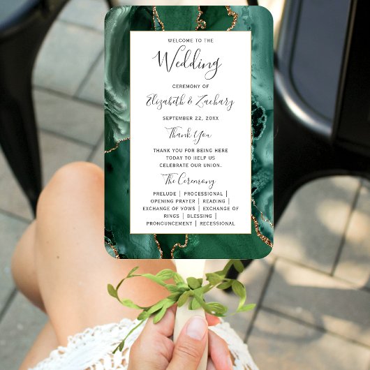 Emerald Green Gold Agate Wedding Programme Handwaaier