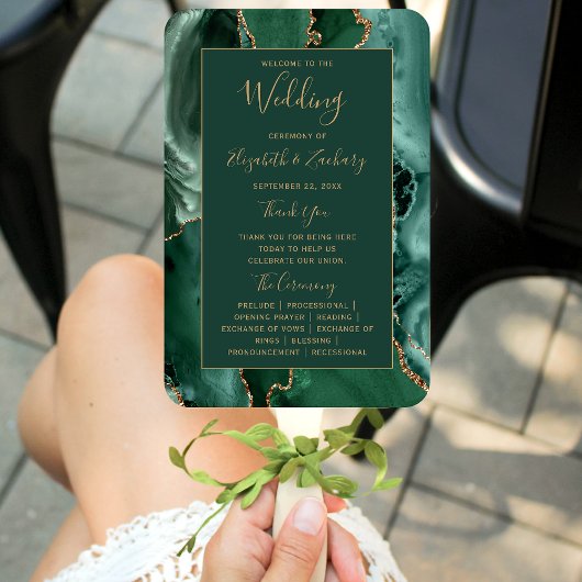 Emerald Green Gold Agate Wedding Programme Handwaaier