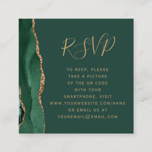 Emerald Green Gold Agate Wedding QR Code RSVP Informatiekaartje (Voorkant)