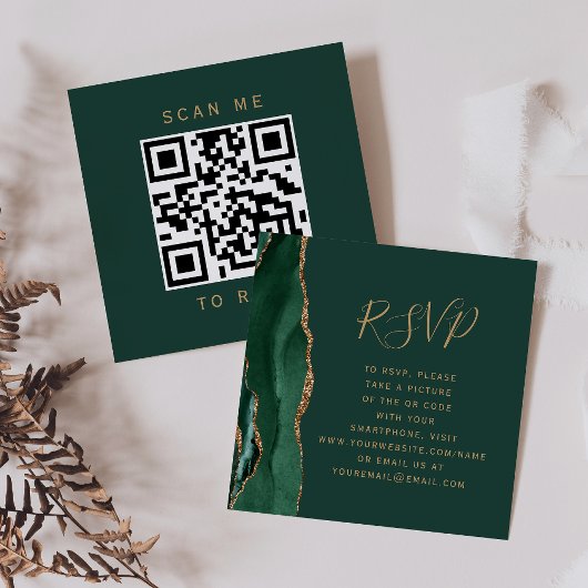 Emerald Green Gold Agate Wedding QR Code RSVP Informatiekaartje