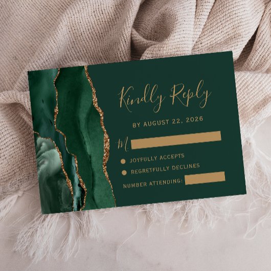 Emerald Green Gold Agate Wedding RSVP Kaartje
