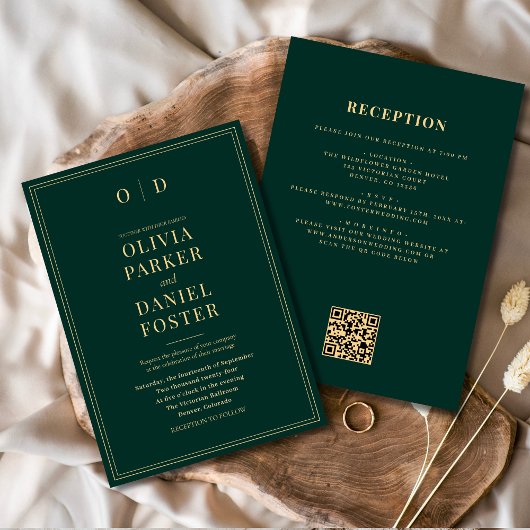 Emerald Green Gold All in One QR Code Wedding Kaart