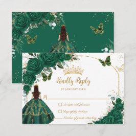 Emerald Green Gold Arch Butterflies Quinceañera RSVP Kaartje