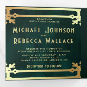 Emerald Green Gold Art Deco Fotocollage Trouwen Drieluik Uitnodiging (Binnenzijde eerst)