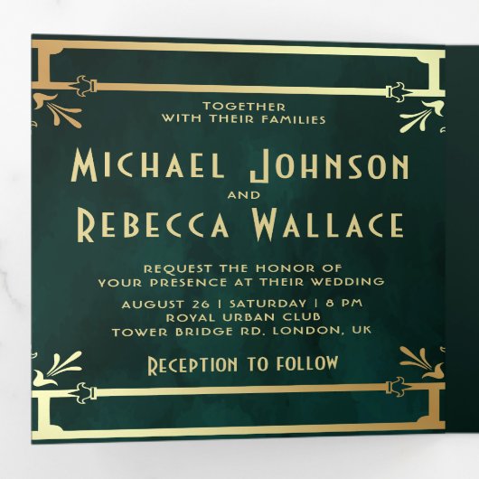 Emerald Green Gold Art Deco Fotocollage Trouwen Drieluik Uitnodiging (Binnenzijde eerst)