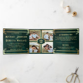 Emerald Green Gold Art Deco Fotocollage Trouwen Drieluik Uitnodiging (Binnen)