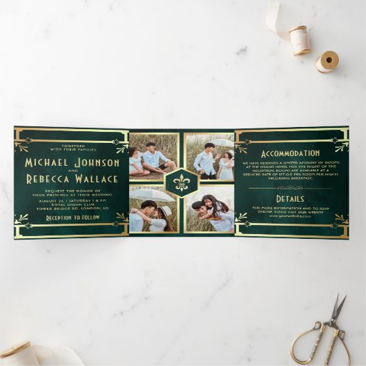 Emerald Green Gold Art Deco Fotocollage Trouwen Drieluik Uitnodiging (Binnen)