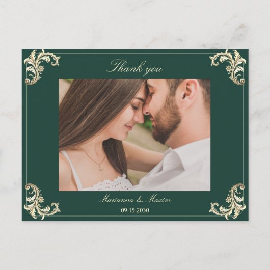 Emerald Green Gold Barok bruiloft Dank u Briefkaart (Voorkant)