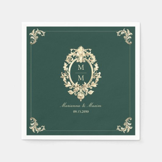 Emerald Green Gold Barok Monogram Huwelijk Servet (Voorkant)